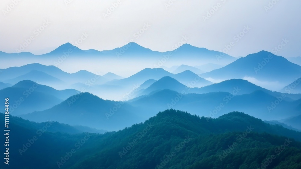 Fototapeta premium Misty Blue Mountains and Green Forest Landscape