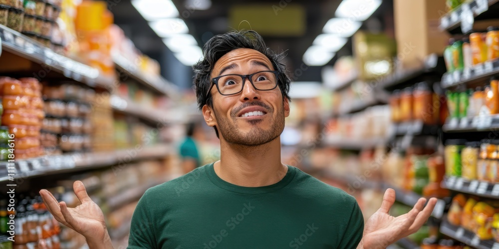 A man with a lively expression gestures with excitement in a bustling grocery aisle lined with various products, expressing enjoyment and energetic shopping experience. A man with a lively expression gestures with excitement in a bustling grocery aisle lined with various products, expressing enjoyment and energetic shopping experience.