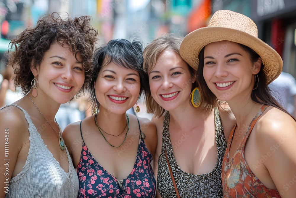 Smiling young women in summer dresses enjoying the city outdoors Smiling young women in summer dresses enjoying the city outdoors