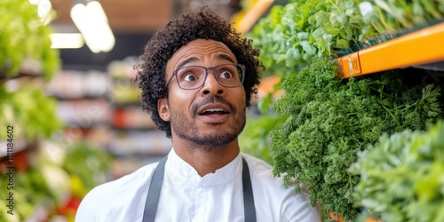 A man wearing glasses and an apron appears surprised or in awe while standing next to lush green vegetables in a grocery store aisle, conveying wonder and exploration. photo