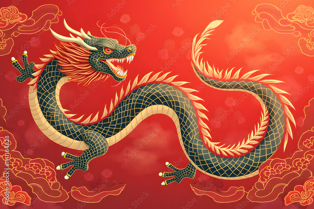 Obraz premium Black dragon with golden horns, golden scales, golden crest, open mouth and white teeth on a red background with floral ornament. Chinese New Year. Symbol of prosperity, luck, wisdom.