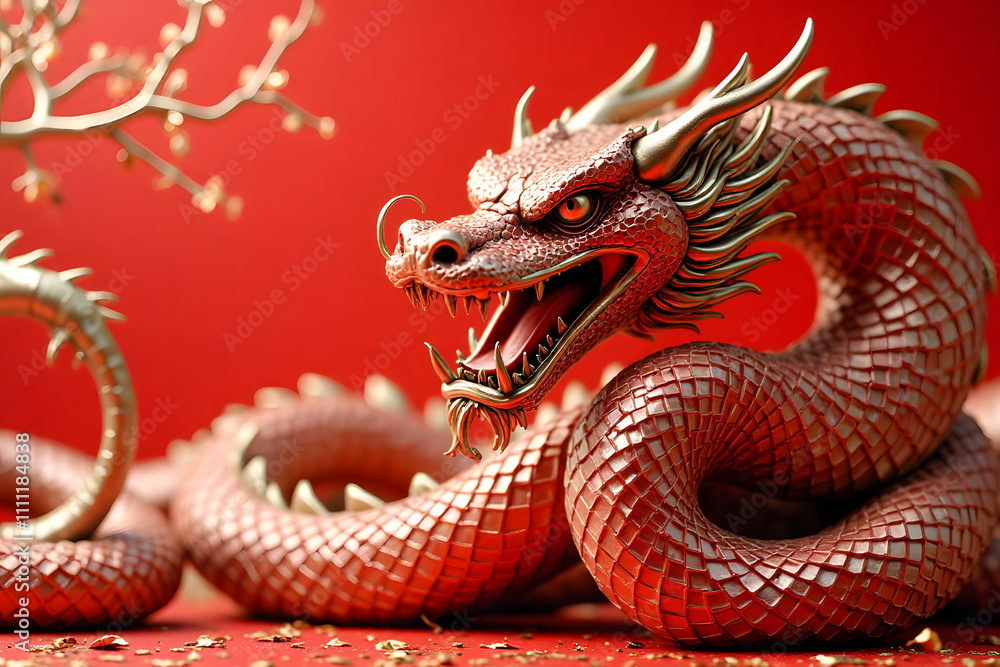 Fototapeta premium Red dragon with golden horns and golden teeth on a red background. Chinese New Year. Symbol of prosperity, luck, wisdom.
