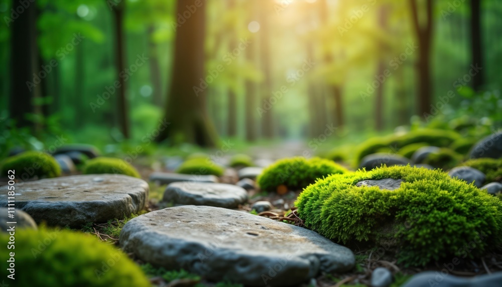 Closeup view of mossy stones. Green moss grows on flat gray stones. Pathway in forest. Sunlight filters through trees. Tranquil scene in nature. Spring summer. Stone surface with vibrant moss Closeup view of mossy stones. Green moss grows on flat gray stones. Pathway in forest. Sunlight filters through trees. Tranquil scene in nature. Spring summer. Stone surface with vibrant moss