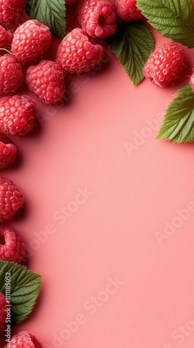 A frame filled with plump raspberries and glossy green leaves set against a coral pink background, capturing the freshness and appeal of nature's bounty.