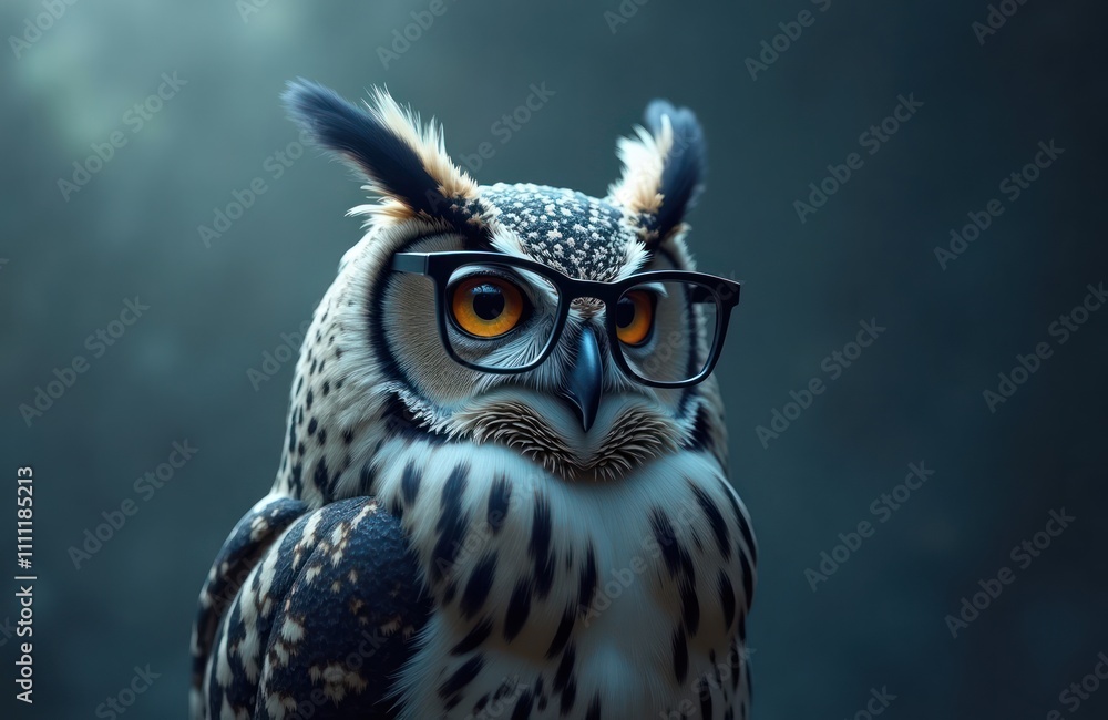 Obraz premium Wise owl wears glasses in ultramodern office setting. Animal boss in tech company. Teamwork, success with sunlight shining on dashboard. Supernatural scene with progress, vision. Modern workplace