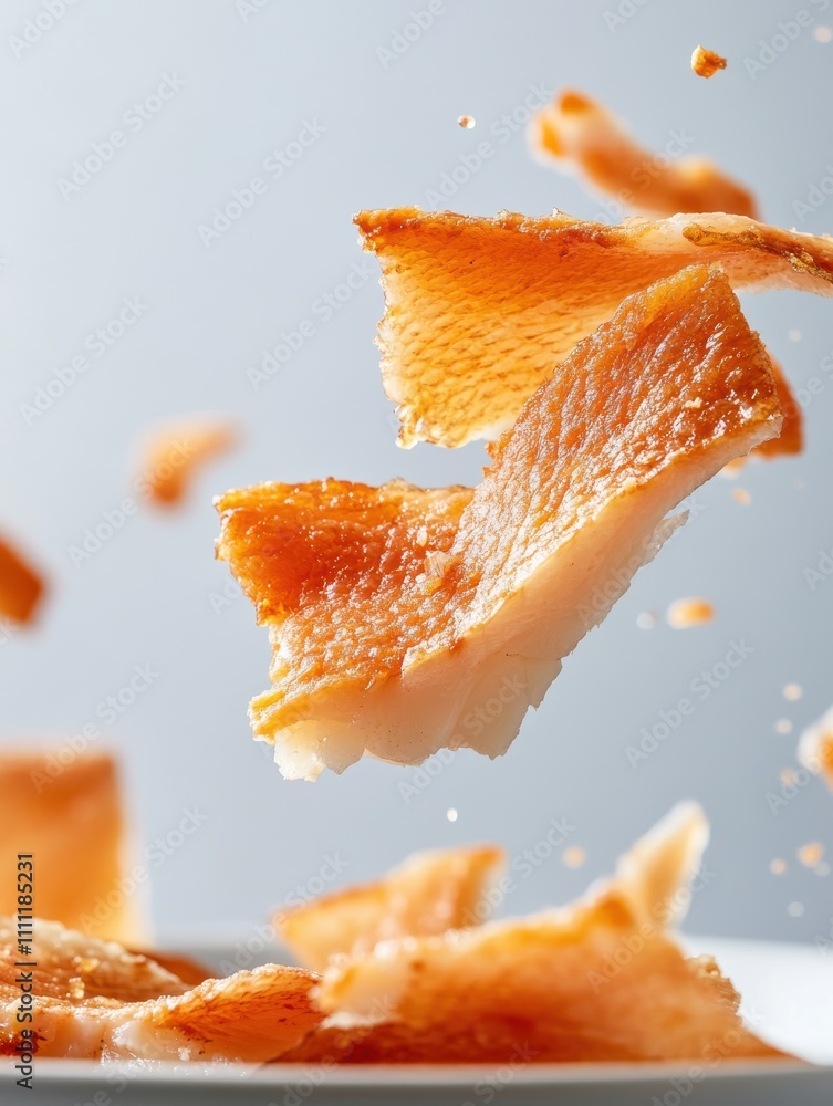 Crispy pieces of salmon skin ascend in an aerial dance, capturing a mouth-watering texture and golden perfection in a moment of gastronomic artistry. Crispy pieces of salmon skin ascend in an aerial dance, capturing a mouth-watering texture and golden perfection in a moment of gastronomic artistry.