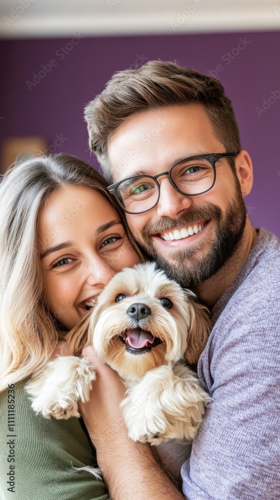 A joyful couple lovingly embrace their playful dog, capturing the essence of companionship and happiness through genuine smiles and a warm, inviting atmosphere. A joyful couple lovingly embrace their playful dog, capturing the essence of companionship and happiness through genuine smiles and a warm, inviting atmosphere.