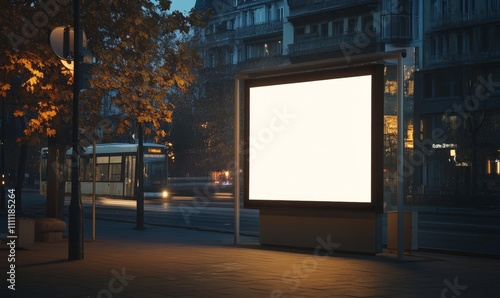Positioned at a quaint bus stop  the creative white blank mockup targets local commuters effectively  white blank poster billboard Sharpen with large copy space