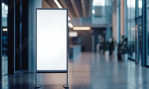 Pull up banner mockup stands in a stylish building hallway. Blank roll-up display for promotional or marketing content in a corporate interior.