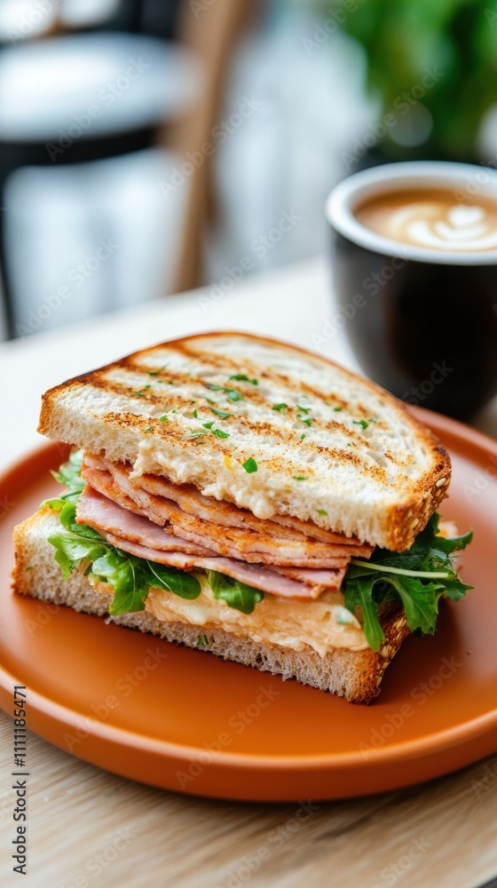A grilled sandwich topped with layers of savory ham, fresh greens, and hinted with a creamy sauce presented on a plate, perfect for a delightful meal. A grilled sandwich topped with layers of savory ham, fresh greens, and hinted with a creamy sauce presented on a plate, perfect for a delightful meal.