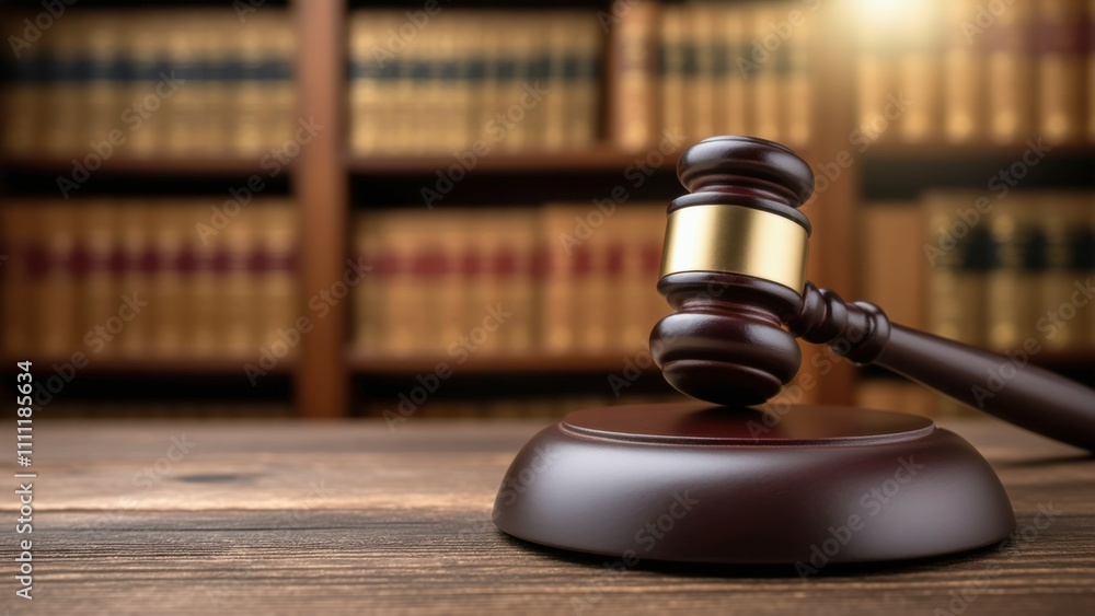 Wooden gavel on a table in front of a bookcase Wooden gavel on a table in front of a bookcase