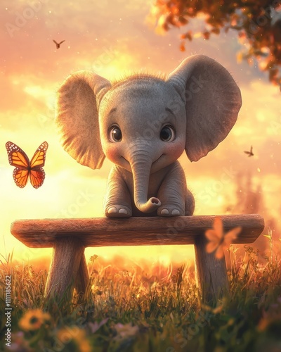 A delightful baby elephant posed on a bench amidst vibrant greenery and butterflies during sunset, symbolizing joy and innocence, captivating anyone with its charm and beauty. photo