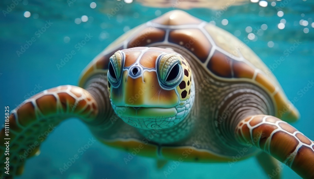 Fototapeta premium Close-up view of sea turtle swimming in clear turquoise water. Turtle seen from front perspective. Shell vividly patterned with brown, light yellow hues. Water clear, vibrantly blue. Turtle focused
