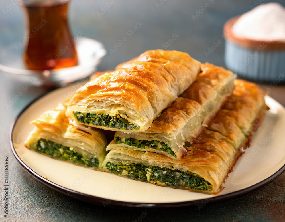 Golden-brown puff pastry rolls filled with spinach and cheese, served with a glass of Turkish tea Golden-brown puff pastry rolls filled with spinach and cheese, served with a glass of Turkish tea