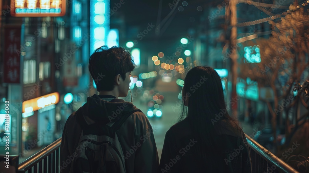 Couple Strolling Through Neon-Lit City Streets at Night romantic Couple Strolling Through Neon-Lit City Streets at Night romantic