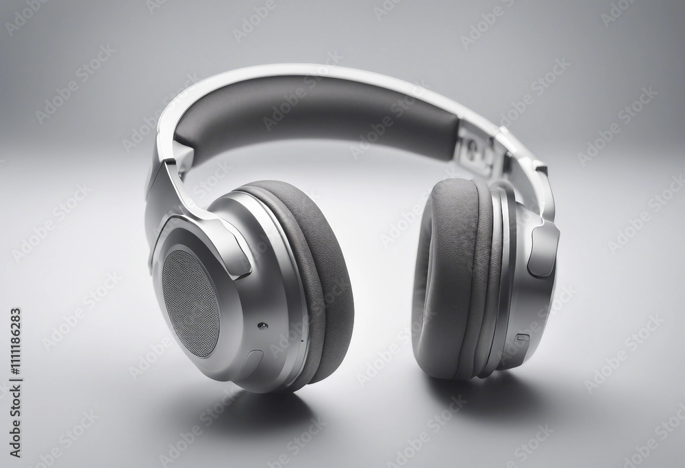 Silver wireless headphones with a mic isolated on white background cutout Silver wireless headphones with a mic isolated on white background cutout