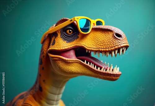Fototapeta Tyrannosaurus rex wearing yellow sunglasses. Playful, trendy. Modern dinosaur style. Funny image for marketing. Trendy eyewear. Fun, creative. Animal portrait. Close-up head shot. Dino head. Yellow