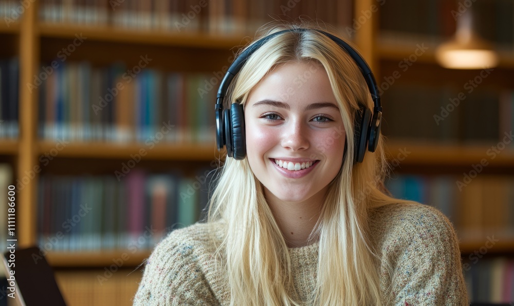Young caucasian student with wireless headphones studying in library and smiling. Blond woman spending her time in university or school. Young caucasian student with wireless headphones studying in library and smiling. Blond woman spending her time in university or school.