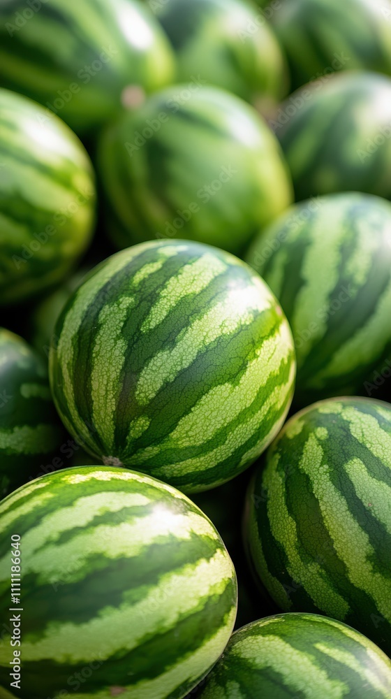 A vibrant and close-up depiction of fresh whole watermelons, showcasing their iconic striped green patterns against a lush green background in stunning realism. A vibrant and close-up depiction of fresh whole watermelons, showcasing their iconic striped green patterns against a lush green background in stunning realism.