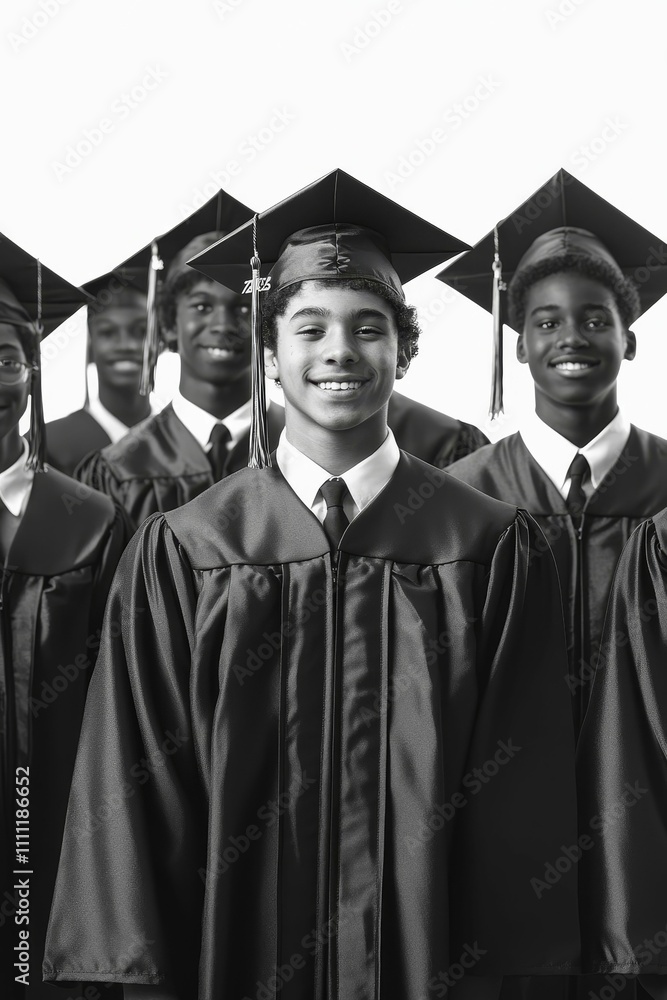 Smiling graduate in cap and gown, classmates nearby. Smiling graduate in cap and gown, classmates nearby.