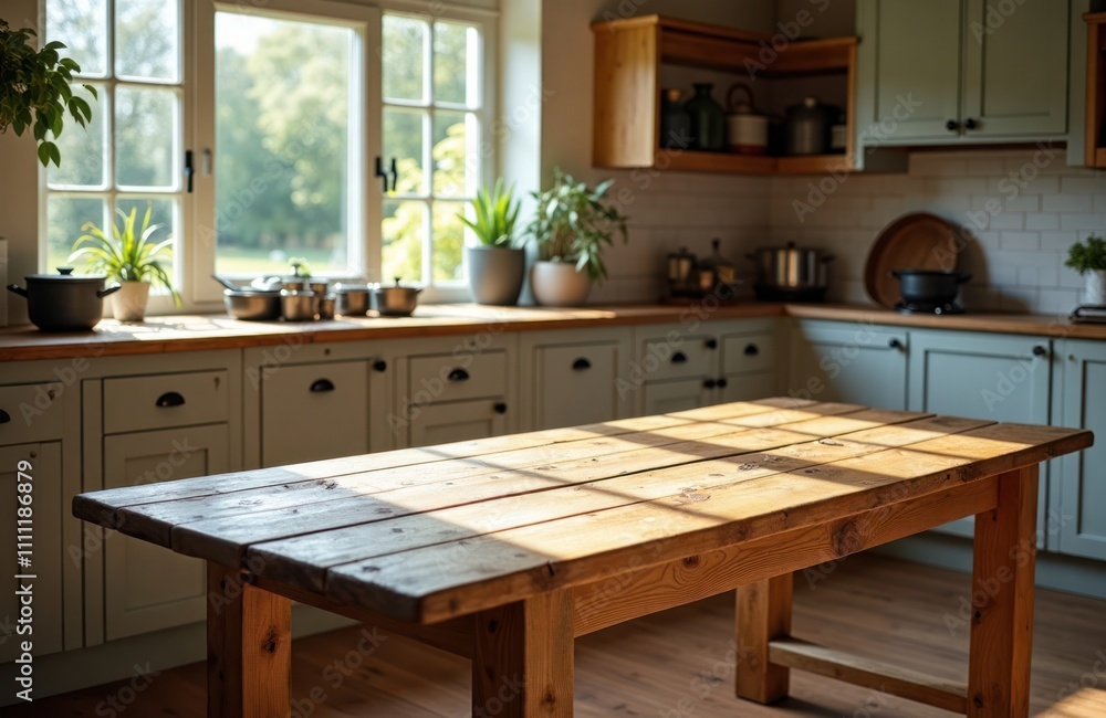 Empty rustic wooden table in farmhouse style kitchen. Sunlight streams through windows. Kitchen light sage green cabinets, wooden decor. Interior design minimalist, comfortable. Focus on natural Empty rustic wooden table in farmhouse style kitchen. Sunlight streams through windows. Kitchen light sage green cabinets, wooden decor. Interior design minimalist, comfortable. Focus on natural