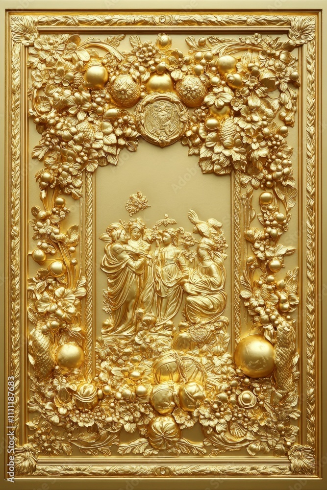 Fototapeta premium Ornate gilded frame, figures, fruit, flowers.