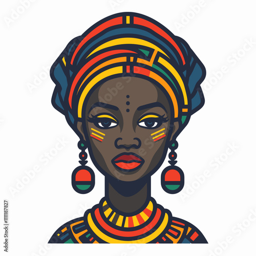 Beautiful African woman with turban on head. Vector illustration.