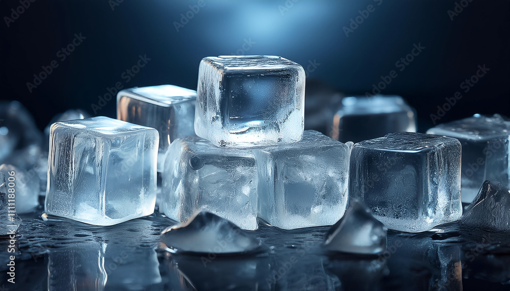Transparent ice cubes with dramatic lighting on a dark background Transparent ice cubes with dramatic lighting on a dark background