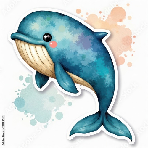 Cute stylized whale illustration. Watercolor style. Colorful design. Ocean theme. Ideal for kids decor nursery. Adorable, friendly animal. Perfect for sticker, print, design. Whimsical, vibrant. photo