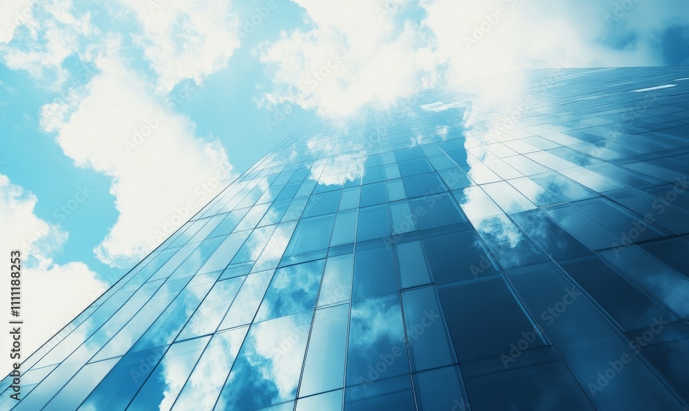 Upward view of a glass skyscraper reflecting the sky, with clouds and blue tones creating a modern and sleek look. Concept: Urban architecture and progress. Upward view of a glass skyscraper reflecting the sky, with clouds and blue tones creating a modern and sleek look. Concept: Urban architecture and progress.