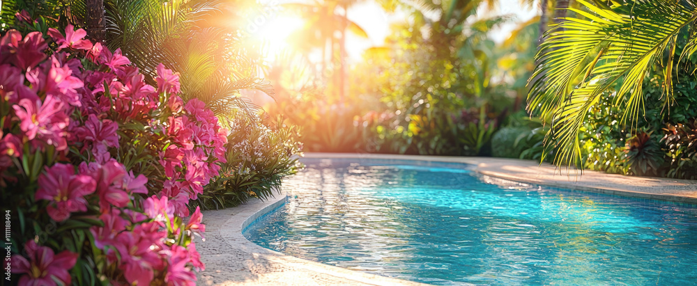Swimming pool surrounded beautiful flowers at tropical hotel or vacation home in summer, concept of backyard, garden, landscaping, design