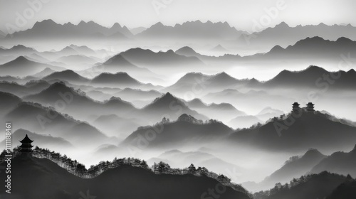 Misty Mountains with Ancient Temples and Pagoda Silhouettes