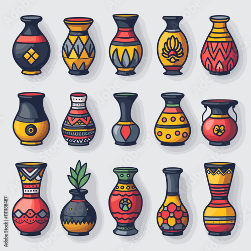 Ceramic vases African-style icons set. Colorful vector illustration