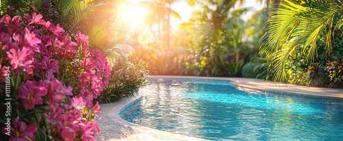 Obraz na płótnie Swimming pool surrounded beautiful flowers at tropical hotel or vacation home in summer, concept of backyard, garden, landscaping, design w salonie