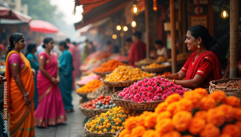 Diwali market scene shows busy flower stalls. Women in traditional attire shop. Fresh roses and marigolds are sold. Festive atmosphere. Vibrant colors. Indian culture. Local trading. Diwali market scene shows busy flower stalls. Women in traditional attire shop. Fresh roses and marigolds are sold. Festive atmosphere. Vibrant colors. Indian culture. Local trading.