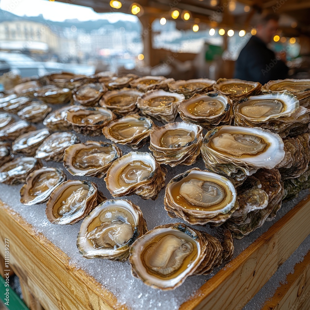 Fresh oysters and sea urchin piles on fish market in port, sea food sale, many oysters Fresh oysters and sea urchin piles on fish market in port, sea food sale, many oysters