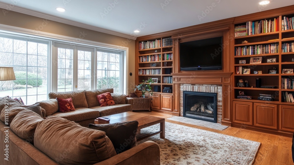 A chic living area including built-in bookcases and light brown furnishings. It looks sleek and contemporary. A chic living area including built-in bookcases and light brown furnishings. It looks sleek and contemporary.