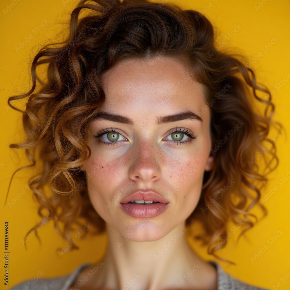 Close-up portrait of young woman with expressive eyes, soft lips. Curly brown hair, freckles visible against vibrant yellow background. Elegant, confident posture. Focus on facial features. Modern Close-up portrait of young woman with expressive eyes, soft lips. Curly brown hair, freckles visible against vibrant yellow background. Elegant, confident posture. Focus on facial features. Modern
