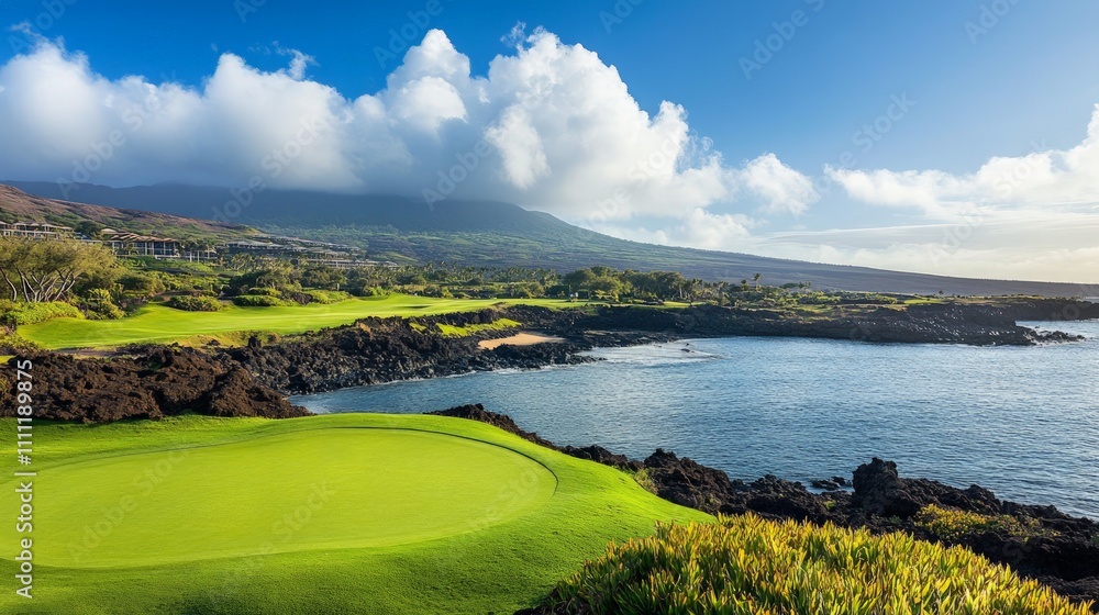 Obraz premium Lush Golf Course Oasis, a serene landscape featuring manicured greens, scenic water hazards, inviting luxury and leisure for enthusiasts and nature lovers alike.
