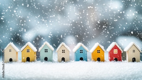 Colorful miniature houses line a snowy landscape, gently falling snowflakes creating a whimsical winter scene.