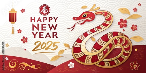 Chinese New Year 2025 modern art design set for cover, card, poster, banner. Chinese zodiac Snake symbol. Hieroglyphics mean Happy New Year and symbol of the Snake