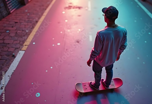 From above of anonymous male skater in stylish wear standing with skateboard on street and looking away photo