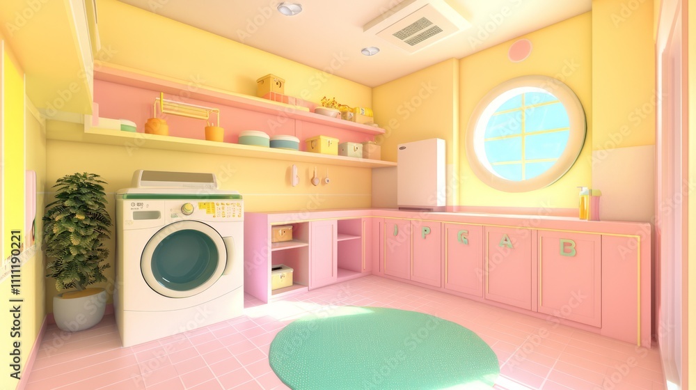 Retro Y2K Laundry Room Delight with Quirky Storage Solutions and Playful Decor, Ultra-Detailed Photorealistic Design Retro Y2K Laundry Room Delight with Quirky Storage Solutions and Playful Decor, Ultra-Detailed Photorealistic Design