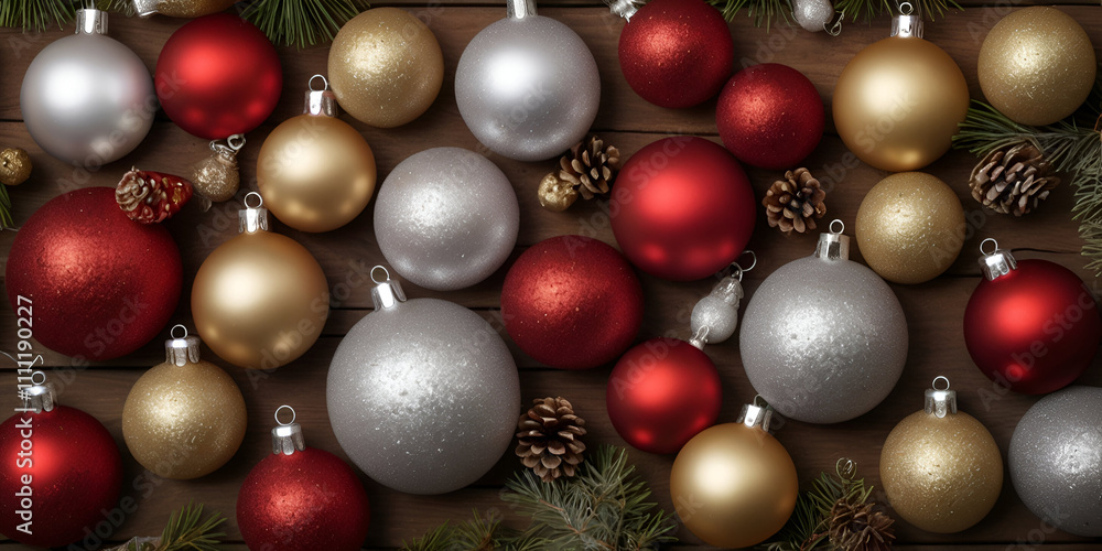 Portray a rustic holiday scene with Christmas baubles and small lantern ornaments scattered on a wooden backdrop. Portray a rustic holiday scene with Christmas baubles and small lantern ornaments scattered on a wooden backdrop.