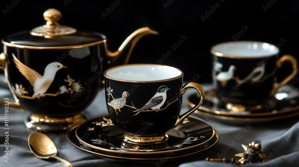 Elegant black tea set with gold bird accents. Elegant black tea set with gold bird accents.