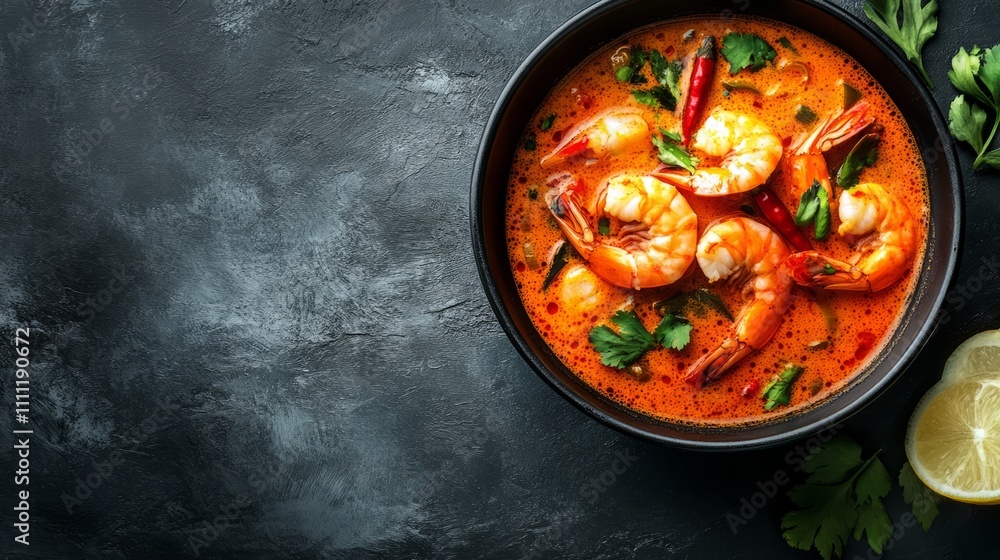 A vibrant shrimp curry sits in a sleek black bowl, topped with fresh herbs and chili. Lemon slices are nearby, adding a splash of color to this appetizing dish A vibrant shrimp curry sits in a sleek black bowl, topped with fresh herbs and chili. Lemon slices are nearby, adding a splash of color to this appetizing dish