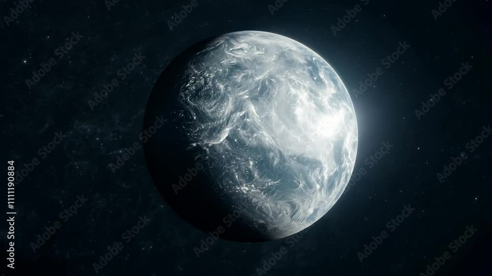 Detailed view of a luminous earth-like planet surrounded by the dark cosmos Detailed view of a luminous earth-like planet surrounded by the dark cosmos