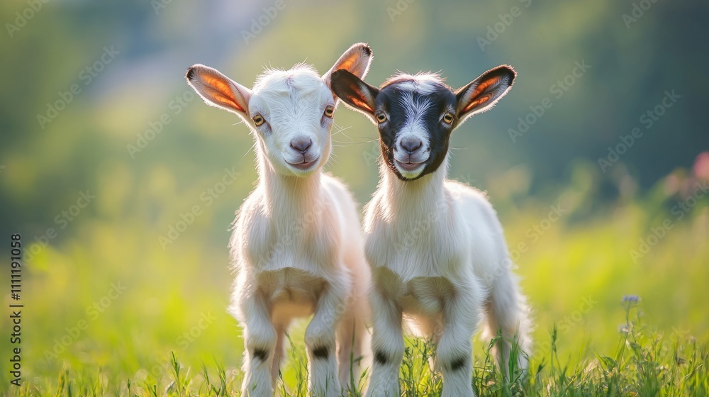 Two adorable young goats stand side by side in a vibrant green meadow under a bright blue sky, radiating joy as they bask in the warm sunlight Two adorable young goats stand side by side in a vibrant green meadow under a bright blue sky, radiating joy as they bask in the warm sunlight