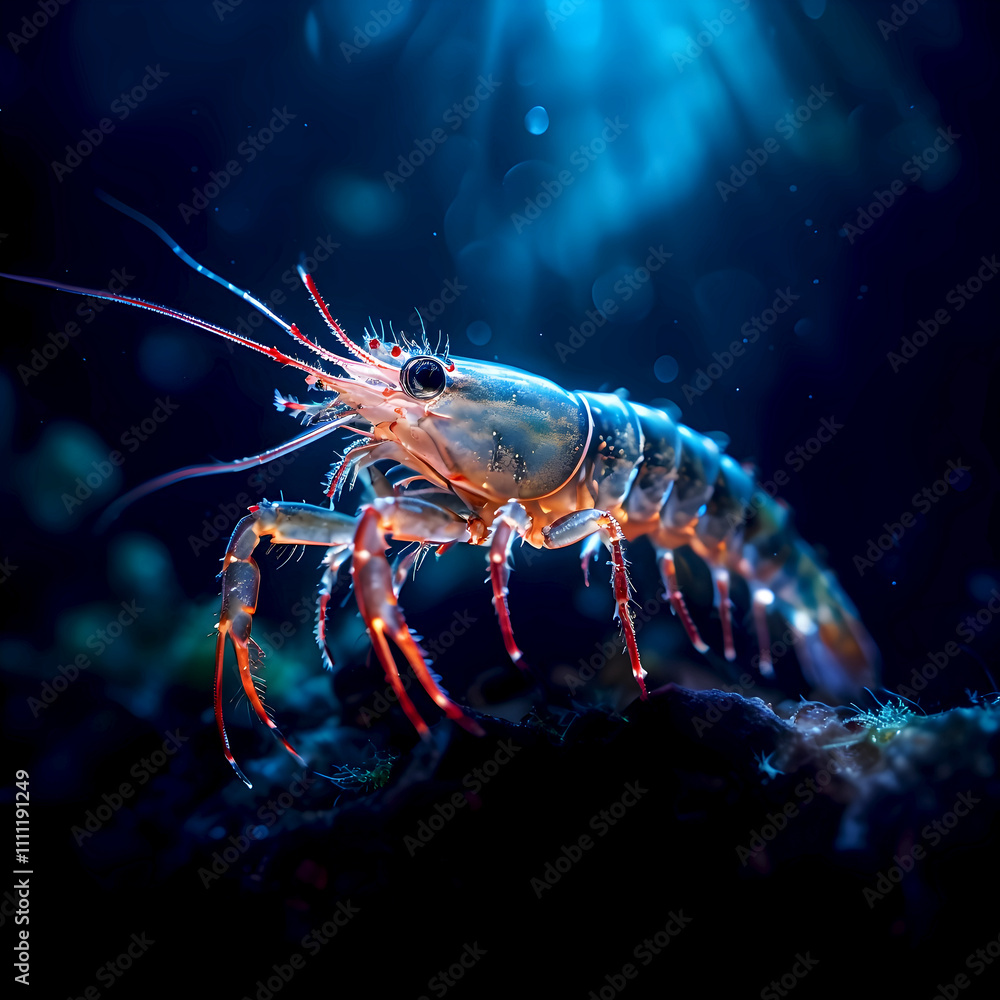Macro photography of a marine shrimp in an underwater environment Macro photography of a marine shrimp in an underwater environment