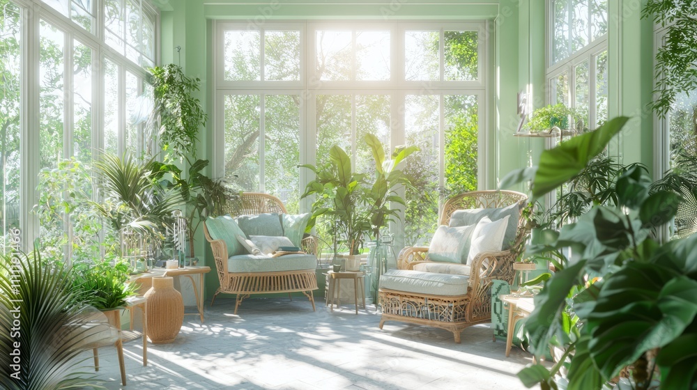 Obraz premium Botanical Haven - A Cozy Sunroom Oasis with Retro Furniture and Whimsical Decor, Bathed in Sunlight | Ultra-Detailed Photorealistic Image